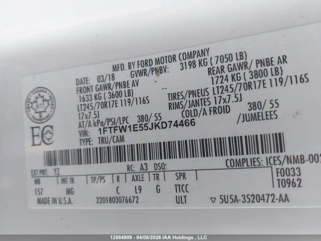 Aukcja sprzedaży 2018 Ford F-150 Xlt, vin: 1FTFW1E55JKD74466, numer aukcji: 12584909