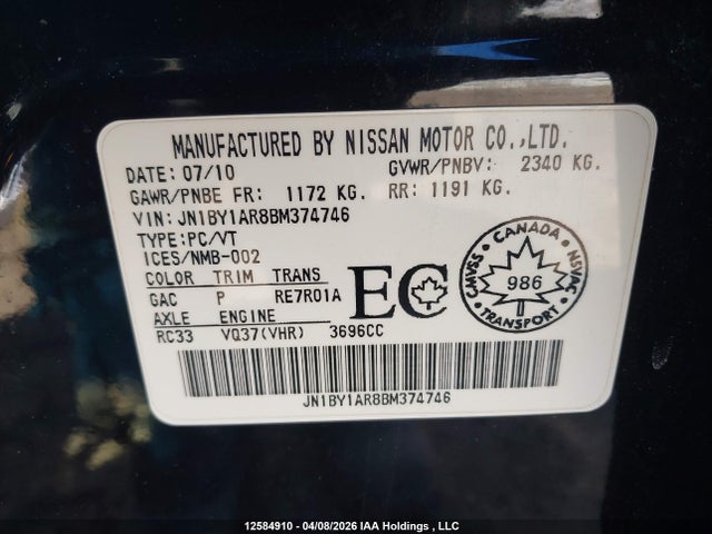 12584910 :رقم المزاد ، JN1BY1AR8BM374746 vin ، 2011 Infiniti M37x مزاد بيع