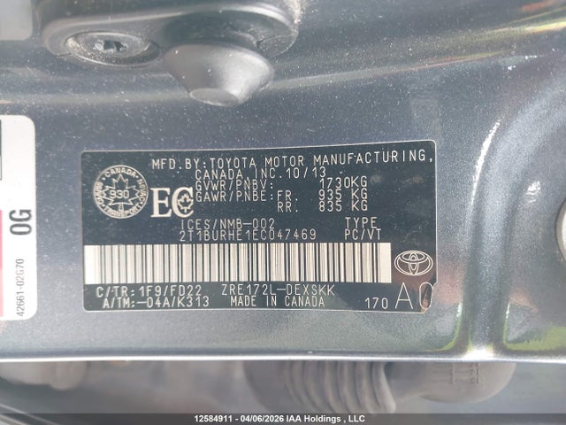 12584911 :رقم المزاد ، 2T1BURHE1EC047469 vin ، 2014 Toyota Corolla S مزاد بيع