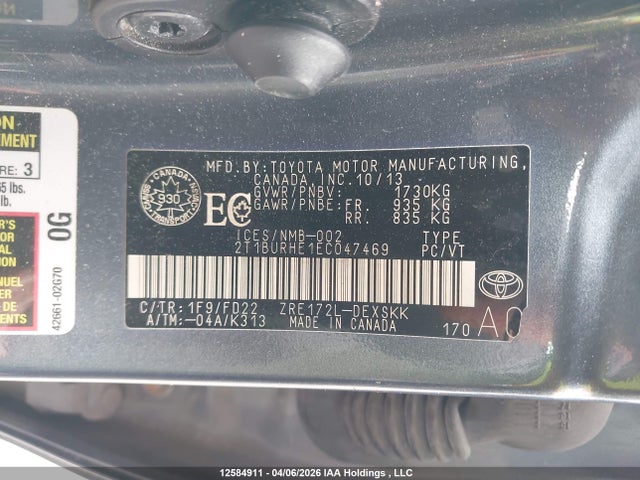 12584911 :رقم المزاد ، 2T1BURHE1EC047469 vin ، 2014 Toyota Corolla S مزاد بيع