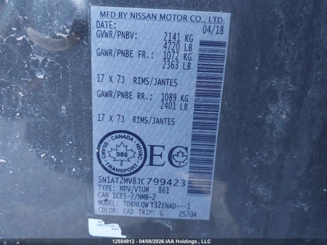 5N1AT2MV8JC799423 Nissan Rogue Sv/sl