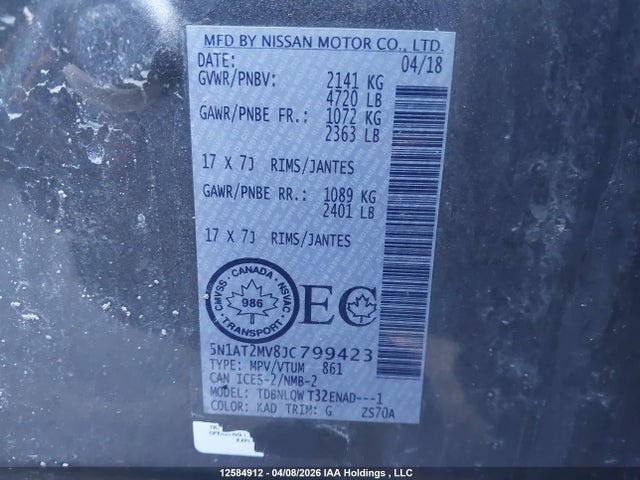 5N1AT2MV8JC799423 Nissan Rogue Sv/sl