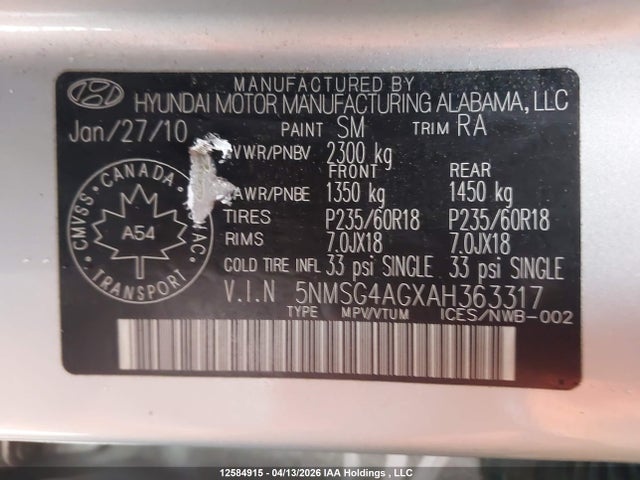 2010 Hyundai Santa Fe Gls მანქანა იყიდება აუქციონზე, vin: 5NMSG4AGXAH363317, აუქციონის ნომერი: 12584915