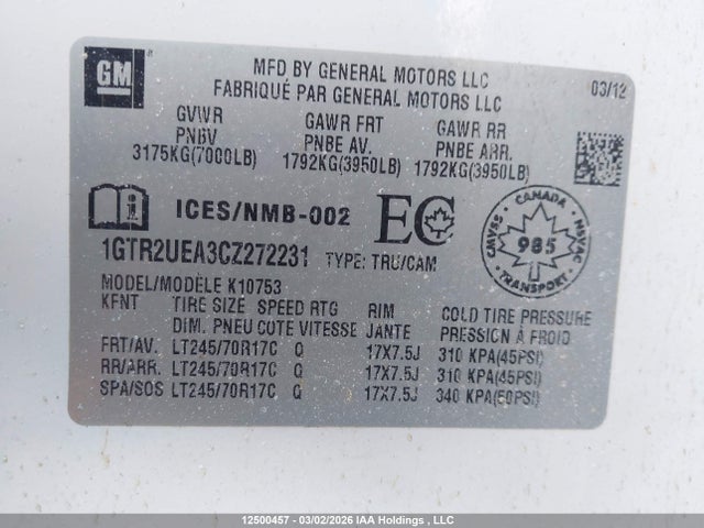 Aukcja sprzedaży 2012 Gmc Sierra 1500 Sl, vin: 1GTR2UEA3CZ272231, numer aukcji: 12500457