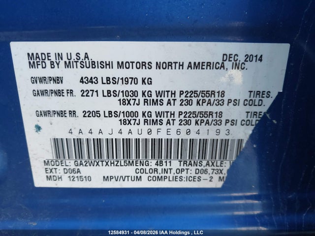 Продаж на аукціоні авто 2015 Mitsubishi Rvr Gt, vin: 4A4AJ4AU0FE604193, номер лоту: 12584931