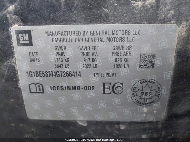 1G1BE5SM4G7266414 Chevrolet Cruze Lt Auto