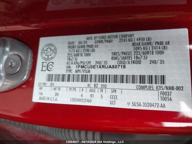 Продажа на аукционе авто 2024 Ford Escape, vin: 1FMCU0E1XRUA80718, номер лота: 12584937