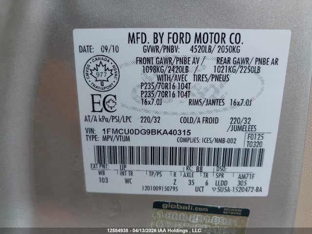 Продажа на аукционе авто 2011 Ford Escape Xlt, vin: 1FMCU0DG9BKA40315, номер лота: 12584938