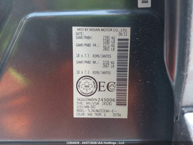 5N1AZ2MH0FN245006 Nissan Murano Platinum/sl/sv