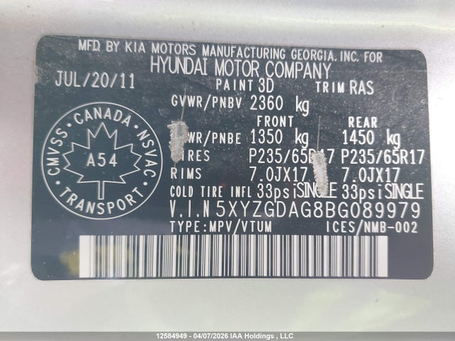 2011 Hyundai Santa Fe Gl 3.5 მანქანა იყიდება აუქციონზე, vin: 5XYZGDAG8BG089979, აუქციონის ნომერი: 12584949