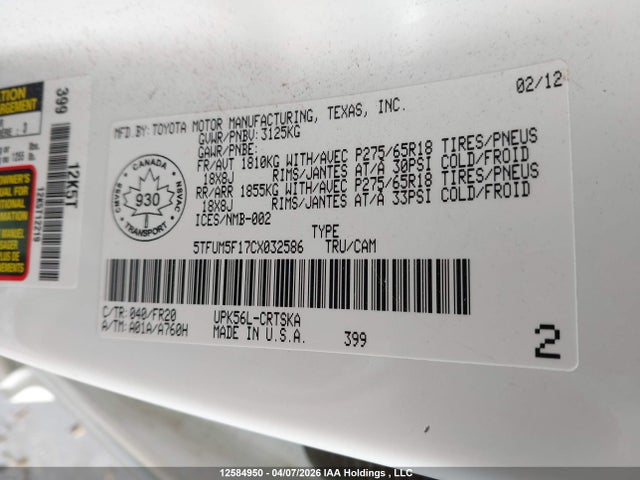 Aukcja sprzedaży 2012 Toyota Tundra Sr5 4.6l V8, vin: 5TFUM5F17CX032586, numer aukcji: 12584950