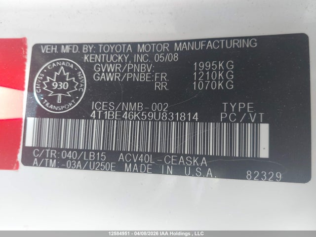 12584951 :رقم المزاد ، 4T1BE46K59U831814 vin ، 2009 Toyota Camry Se/le/xle مزاد بيع