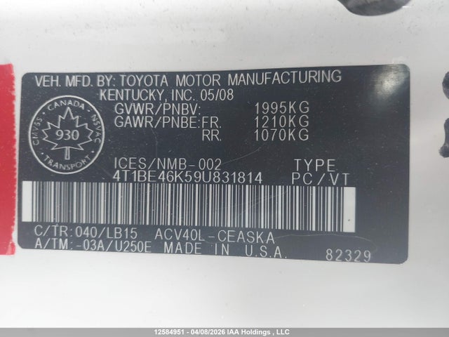 12584951 :رقم المزاد ، 4T1BE46K59U831814 vin ، 2009 Toyota Camry Se/le/xle مزاد بيع