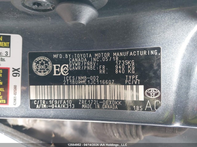 2018 Toyota Corolla L/le/xle/se/xse მანქანა იყიდება აუქციონზე, vin: 2T1BURHE1JC116607, აუქციონის ნომერი: 12584952