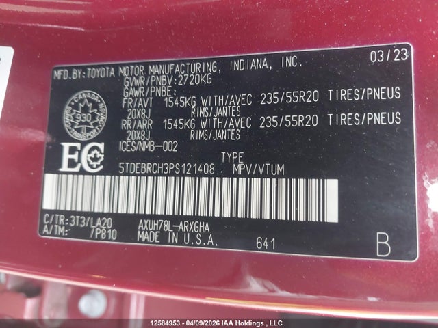 2023 Toyota Highlander Hybrid Hybrid მანქანა იყიდება აუქციონზე, vin: 5TDEBRCH3PS121408, აუქციონის ნომერი: 12584953