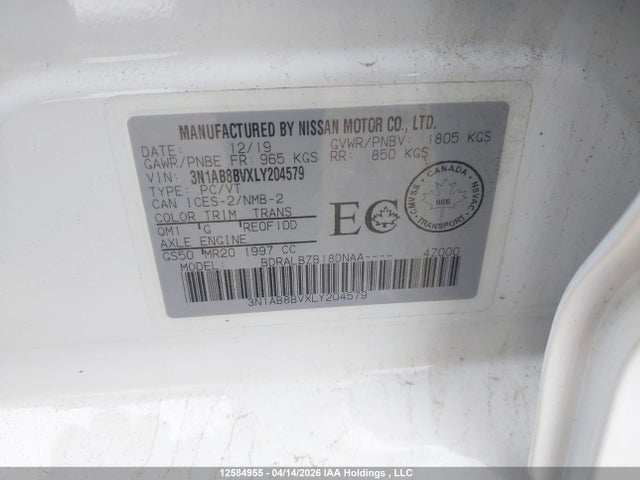 12584955 :رقم المزاد ، 3N1AB8BVXLY204579 vin ، 2020 Nissan Sentra S مزاد بيع