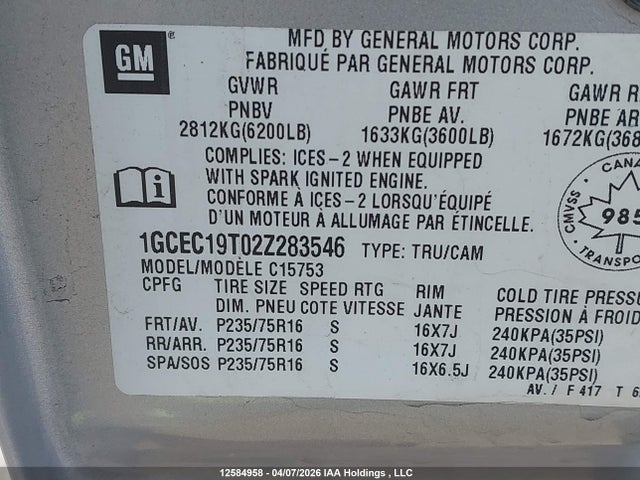 2002 Chevrolet Silverado C1500 მანქანა იყიდება აუქციონზე, vin: 1GCEC19T02Z283546, აუქციონის ნომერი: 12584958