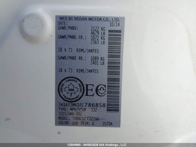 5N1AT2MV1FC786858 Nissan Rogue S/sl/sv