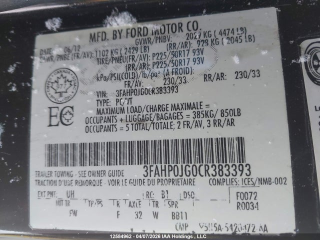 12584962 :رقم المزاد ، 3FAHP0JG0CR383393 vin ، 2012 Ford Fusion Sel مزاد بيع