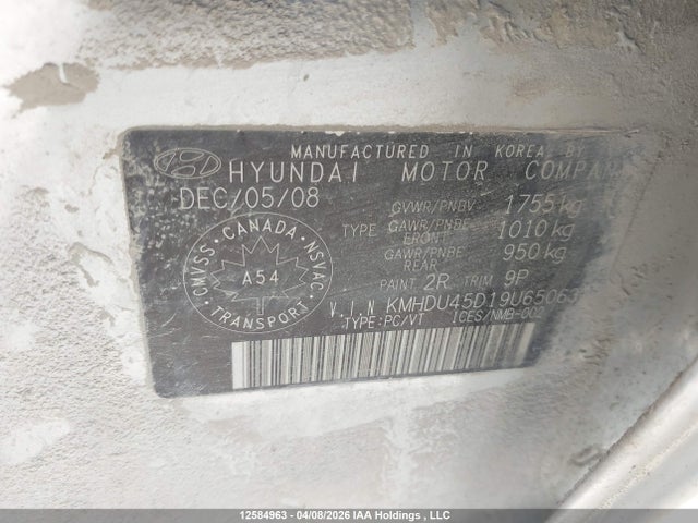 2009 Hyundai Elantra Gls/se მანქანა იყიდება აუქციონზე, vin: KMHDU45D19U650630, აუქციონის ნომერი: 12584963