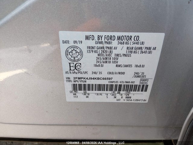 2019 Ford Edge Sel მანქანა იყიდება აუქციონზე, vin: 2FMPK4J94KBC66597, აუქციონის ნომერი: 12584965