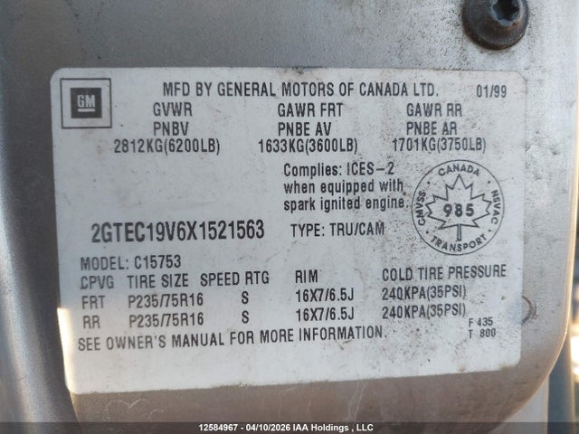 Aukcja sprzedaży 1999 Gmc New Sierra C1500, vin: 2GTEC19V6X1521563, numer aukcji: 12584967