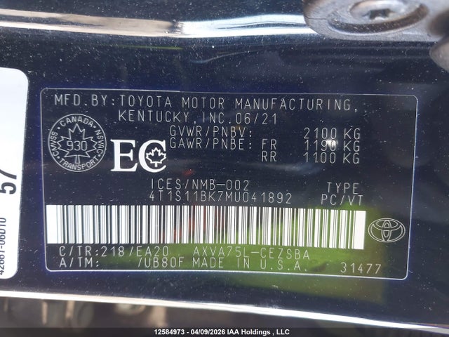 Продажа на аукционе авто 2021 Toyota Camry Se, vin: 4T1S11BK7MU041892, номер лота: 12584973