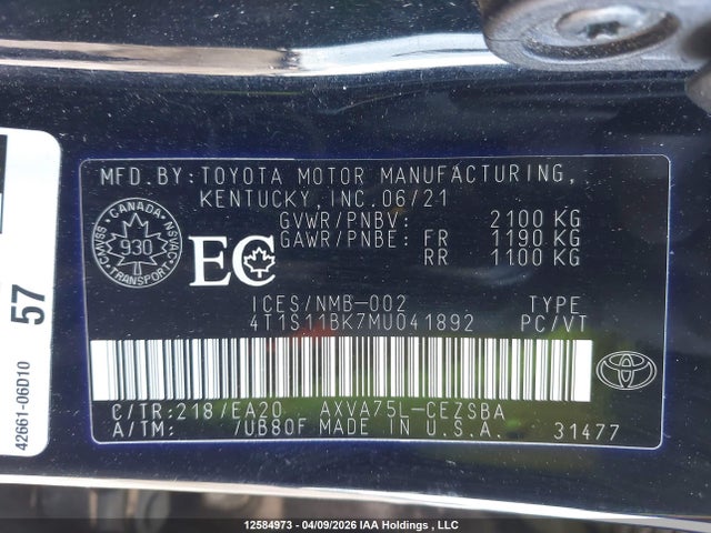 Продажа на аукционе авто 2021 Toyota Camry Se, vin: 4T1S11BK7MU041892, номер лота: 12584973