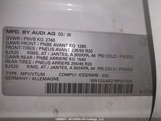 12584974 :رقم المزاد ، WA1GUAFZ7RP057034 vin ، 2024 Audi Q4 E-tron مزاد بيع