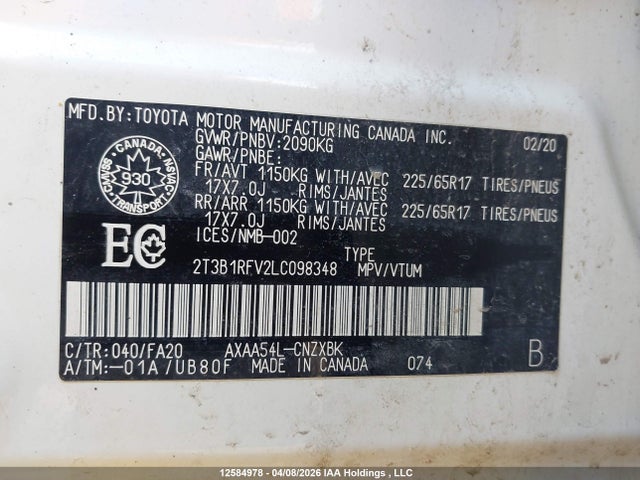 2020 Toyota Rav4 Le მანქანა იყიდება აუქციონზე, vin: 2T3B1RFV2LC098348, აუქციონის ნომერი: 12584978