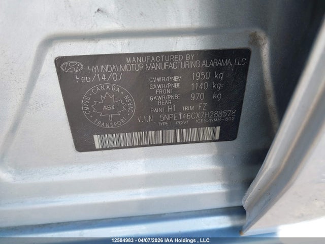 2007 Hyundai Sonata Gl/gls მანქანა იყიდება აუქციონზე, vin: 5NPET46CX7H288578, აუქციონის ნომერი: 12584983