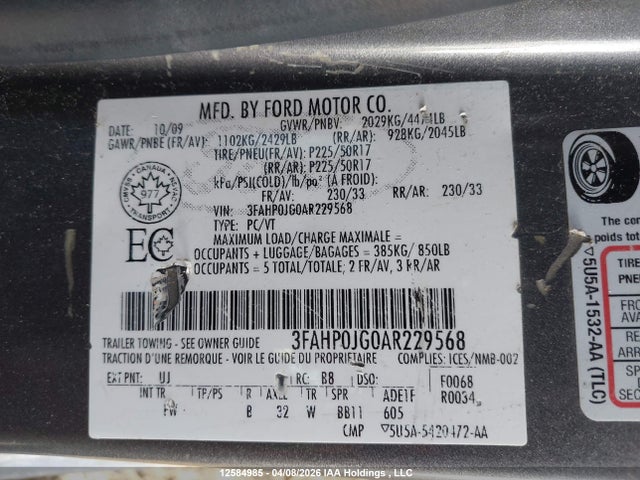2010 Ford Fusion Sel მანქანა იყიდება აუქციონზე, vin: 3FAHP0JG0AR229568, აუქციონის ნომერი: 12584985