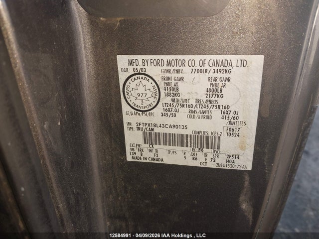 2003 Ford F150 მანქანა იყიდება აუქციონზე, vin: 2FTPX18L43CA90135, აუქციონის ნომერი: 12584991