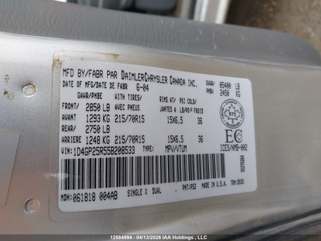 12584994 :رقم المزاد ، 1D4GP25R55B208533 vin ، 2005 Dodge Caravan مزاد بيع