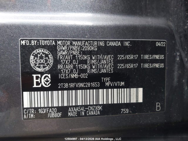2022 Toyota Rav4 Le მანქანა იყიდება აუქციონზე, vin: 2T3B1RFV9NC281653, აუქციონის ნომერი: 12584997