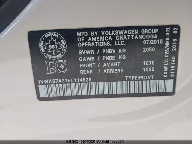 2015 Volkswagen Passat 1.8t Limited Edition/1.8t S/1.8t Wolfsburg Edition მანქანა იყიდება აუქციონზე, vin: 1VWAS7A31FC114836, აუქციონის ნომერი: 12585003