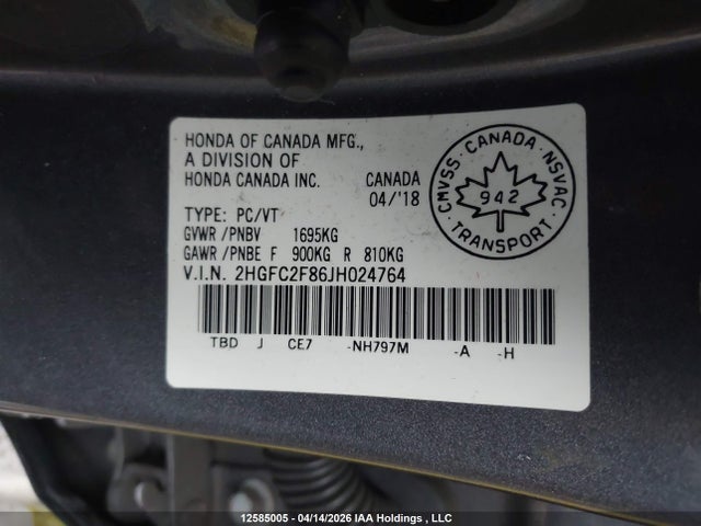 Aukcja sprzedaży 2018 Honda Civic Ex 4dr, vin: 2HGFC2F86JH024764, numer aukcji: 12585005