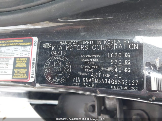 KNADM5A34G6562127 KIA Rio Ex/ex+ W/sunroof/lx/lx+/lx+ Eco/sx