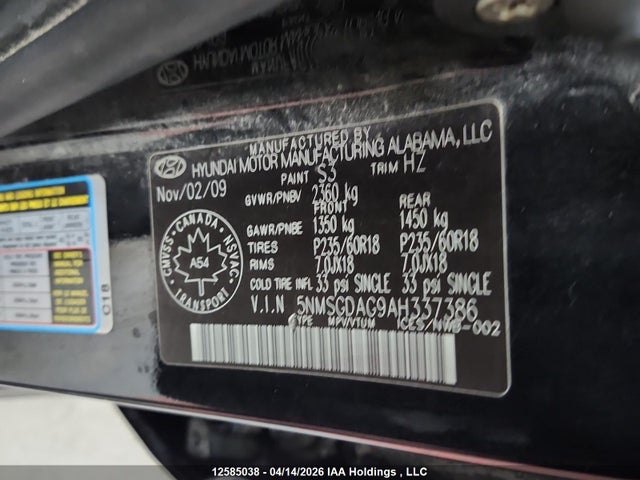 Продажа на аукционе авто 2010 Hyundai Santa Fe Gls, vin: 5NMSGDAG9AH337386, номер лота: 12585038