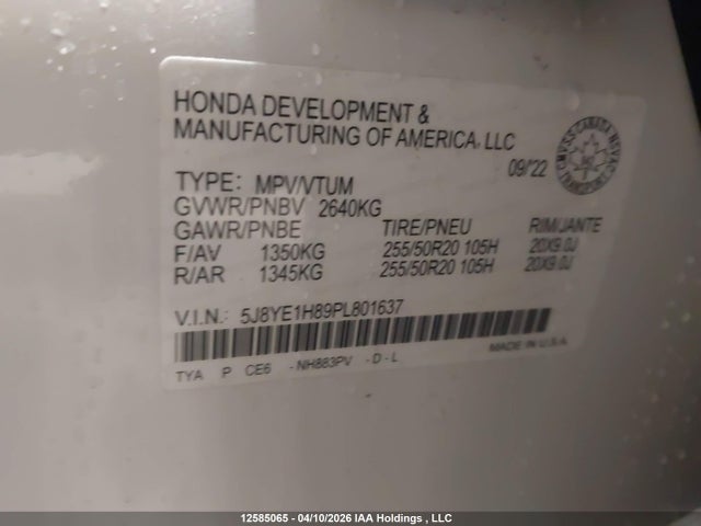 5J8YE1H89PL801637 Acura MDX