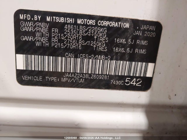 Aukcja sprzedaży 2020 Mitsubishi Outlander Es, vin: JA4AZ2A38LZ609281, numer aukcji: 12585068