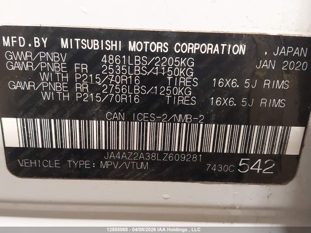 Aukcja sprzedaży 2020 Mitsubishi Outlander Es, vin: JA4AZ2A38LZ609281, numer aukcji: 12585068