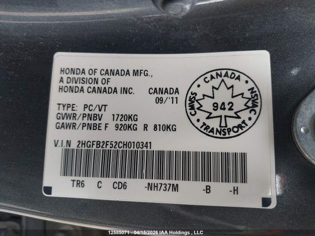 2012 Honda Civic Ex მანქანა იყიდება აუქციონზე, vin: 2HGFB2F52CH010341, აუქციონის ნომერი: 12585071