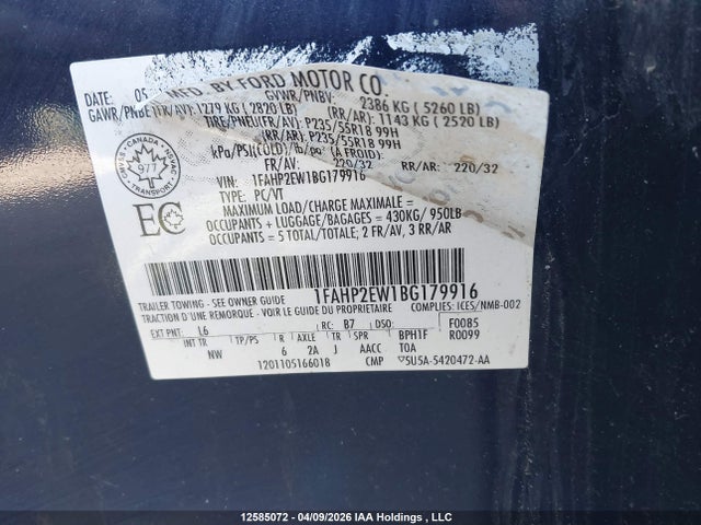 Продажа на аукционе авто 2011 Ford Taurus Sel, vin: 1FAHP2EW1BG179916, номер лота: 12585072