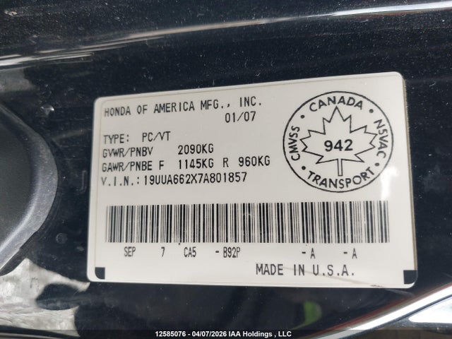2007 Acura Tl მანქანა იყიდება აუქციონზე, vin: 19UUA662X7A801857, აუქციონის ნომერი: 12585076