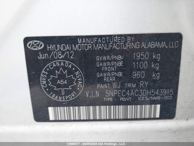 Продаж на аукціоні авто 2013 Hyundai Sonata Limited, vin: 5NPEC4AC3DH543915, номер лоту: 12585077