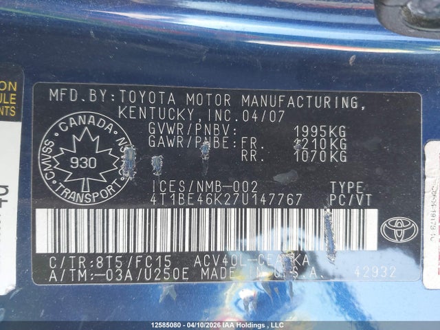 2007 Toyota Camry Le/se მანქანა იყიდება აუქციონზე, vin: 4T1BE46K27U147767, აუქციონის ნომერი: 12585080