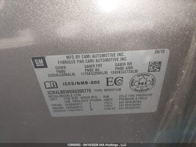 Aukcja sprzedaży 2010 Chevrolet Equinox Ls, vin: 2CNALBEW8A6396770, numer aukcji: 12585082