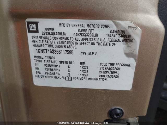 2006 Chevrolet Trailblazer Ext Ls/ext Lt მანქანა იყიდება აუქციონზე, vin: 1GNET16S366117595, აუქციონის ნომერი: 12585089