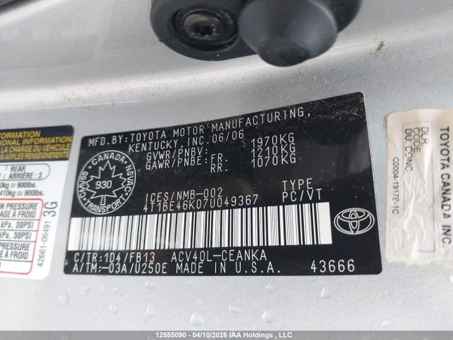 2007 Toyota Camry მანქანა იყიდება აუქციონზე, vin: 4T1BE46K07U049367, აუქციონის ნომერი: 12585090